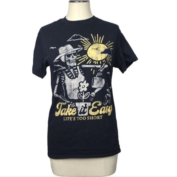 ODM Take It Easy Life's Too Short Gardening Skeleton Graphic Crewneck T Shirt S - Picture 1 of 8